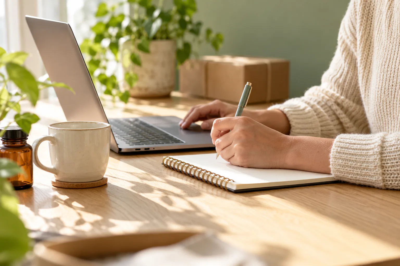 Iemand maakt aantekeningen naast een laptop aan een zonnige werktafel